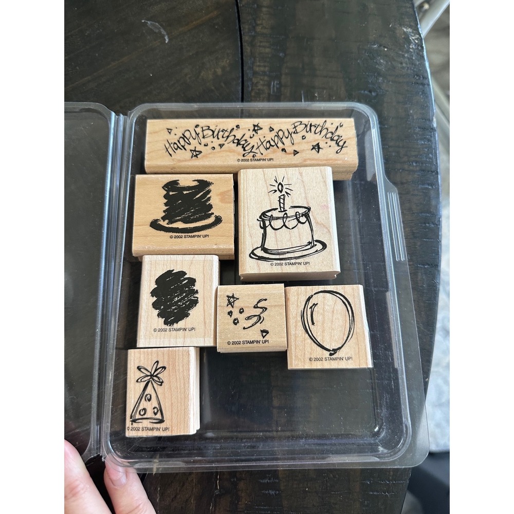 Stampin Up Sketch a Party Wood Mount Rubber Stamp Set 2002 Birthday Cake 7pc EUC